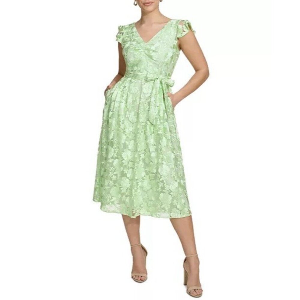 Kensie Light Green Floral Lace Midi Dress